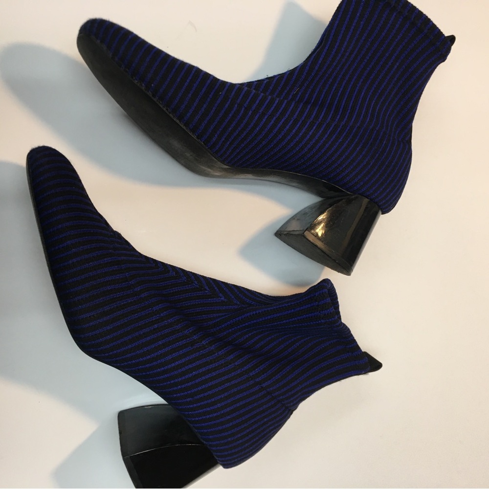 Zara Trafaluc Knit Sock Stripe Booties Block Heel EU 36 Blue Black Office - Picture 5 of 12